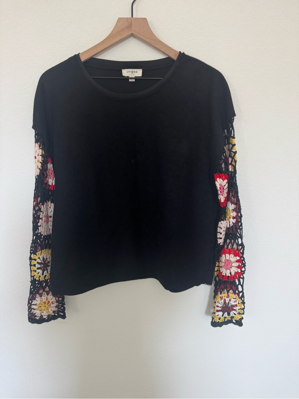 Umgee Floral Crochet Knot Granny Square Long Sleeve Top